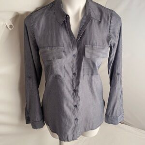 Express dark gray and white roll sleeve pinstriped button down